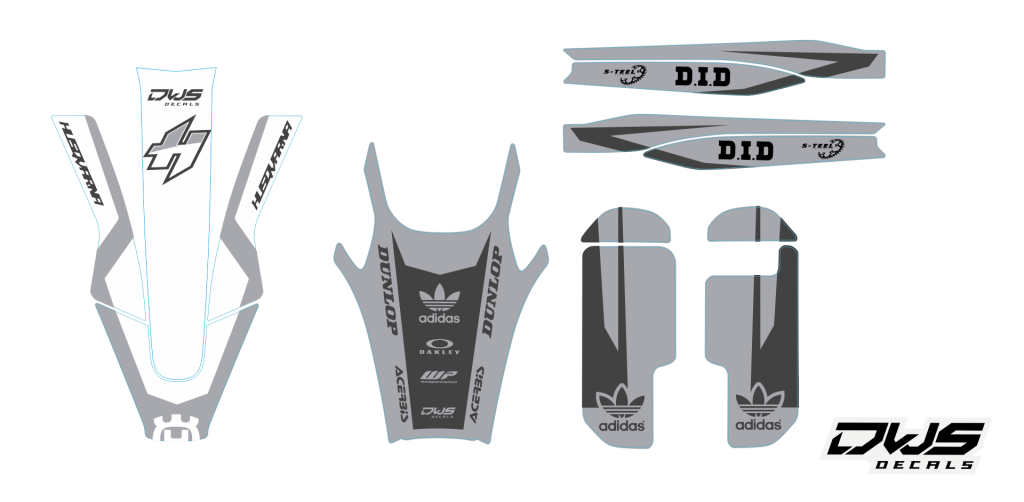 Trimset HusqvarnaTE FE 2020 model 1 Gehele stickerset bestaande uit: - voorspatbord sticker - achterspatbord sticker - achterbrug stickers - voorpoot stickers consisting off: - decal front fender - decal rear fender - decal swingarm - decal fork protector