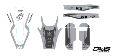 Trimset HusqvarnaTE FE 2020 model 1 Gehele stickerset bestaande uit: - voorspatbord sticker - achterspatbord sticker - achterbrug stickers - voorpoot stickers consisting off: - decal front fender - decal rear fender - decal swingarm - decal fork protector
