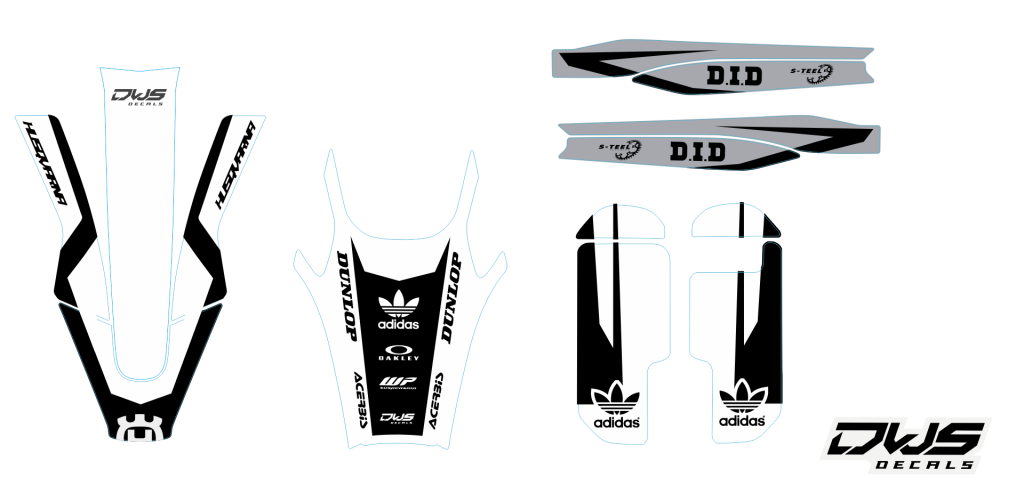 Trimset HusqvarnaTE FE 2020 model 1 Gehele stickerset bestaande uit: - voorspatbord sticker - achterspatbord sticker - achterbrug stickers - voorpoot stickers consisting off: - decal front fender - decal rear fender - decal swingarm - decal fork protector