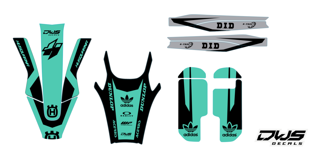 Trimset HusqvarnaTE FE 2020 model 1 Gehele stickerset bestaande uit: - voorspatbord sticker - achterspatbord sticker - achterbrug stickers - voorpoot stickers consisting off: - decal front fender - decal rear fender - decal swingarm - decal fork protector