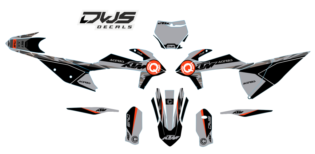 ktm sx sxf 2019 2020 2021 125 250 350 450 500  radiator shrouds - 2 sides decals

- number kit : front    2 side panels decals

- trim kit: rear fender decal   front fender decal   swing arm decals    fork covers decals dws decals smf new supermotard 