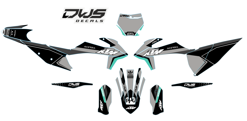 ktm sx sxf 2019 2020 2021 125 250 350 450 500  radiator shrouds - 2 sides decals

- number kit : front    2 side panels decals

- trim kit: rear fender decal   front fender decal   swing arm decals    fork covers decals dws decals smf new supermotard 