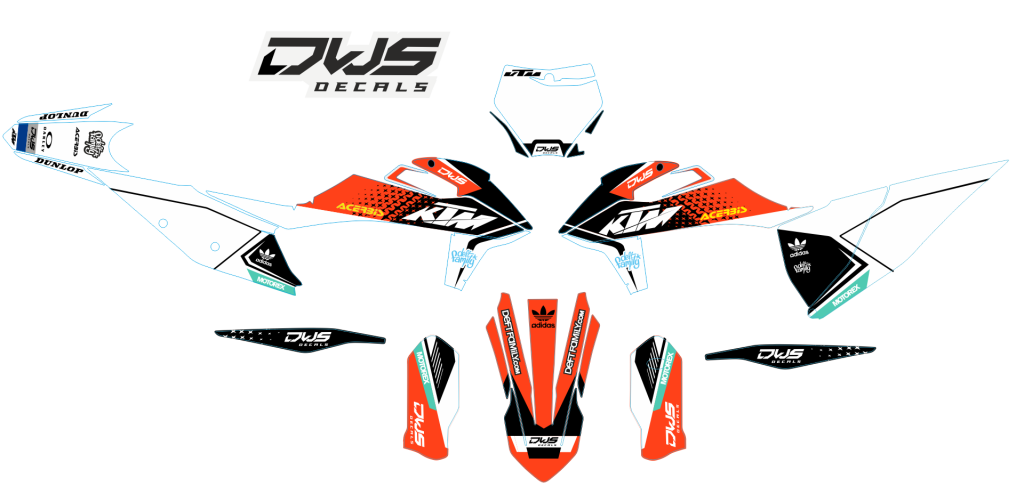 ktm sx sxf 2019 2020 2021 125 250 350 450 500  radiator shrouds - 2 sides decals

- number kit : front    2 side panels decals

- trim kit: rear fender decal   front fender decal   swing arm decals    fork covers decals dws decals smf new supermotard 