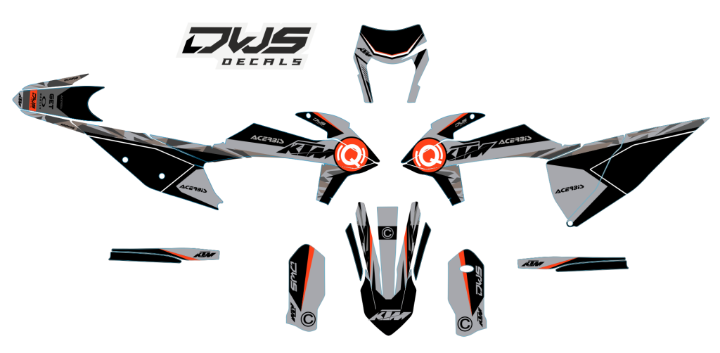 ktm exc exc-f 2019 2020 2021 125 250 350 450 500  radiator shrouds - 2 sides decals

- number kit : front    2 side panels decals

- trim kit: rear fender decal   front fender decal   swing arm decals    fork covers decals dws decals smf new supermota