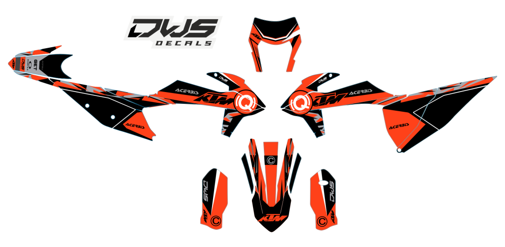 ktm exc exc-f 2019 2020 2021 125 250 350 450 500  radiator shrouds - 2 sides decals

- number kit : front    2 side panels decals

- trim kit: rear fender decal   front fender decal   swing arm decals    fork covers decals dws decals smf new supermota