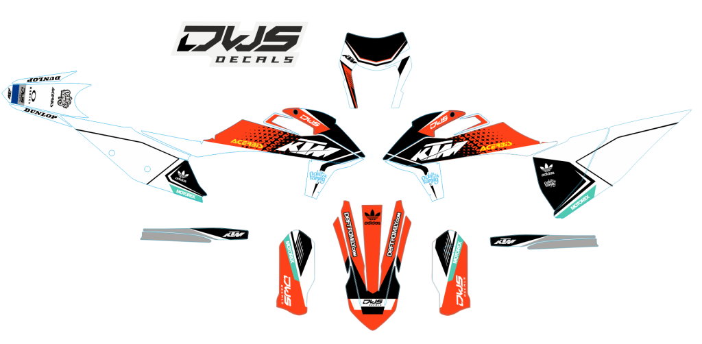 ktm exc exc-f 2019 2020 2021 125 250 350 450 500  radiator shrouds - 2 sides decals

- number kit : front    2 side panels decals

- trim kit: rear fender decal   front fender decal   swing arm decals    fork covers decals dws decals smf new supermota