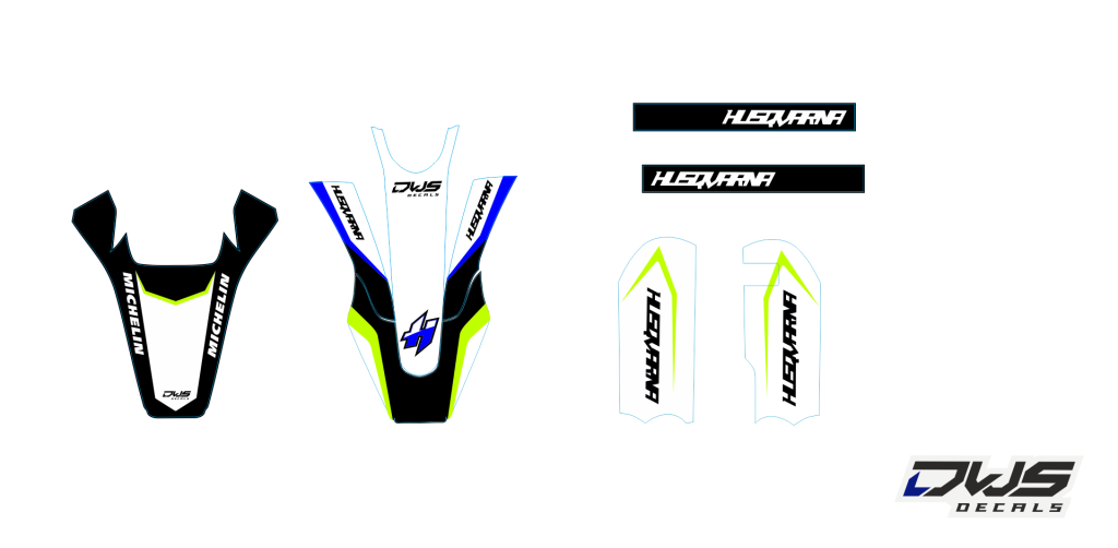 complete stickerset TC 50 husqvarna 2017 2018 dws decals graphics grahics aufklebe decore number decals nummerset yellow geel gelb black zwart schwarz grey grijs grau white wit blue blauw blau