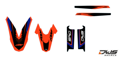 Trimset KTM 690 SMC 2008 2009 2010 2011

Trimset bestaande uit:
- Voorspatbord sticker (1 delig)
- Achterspatbord sticker (1 delig)
- Voorvorkbeschermer stickers (2 delig)

- Achterbrug stickers (2 delig) dws decals dirtbike supermoto supermotar su
