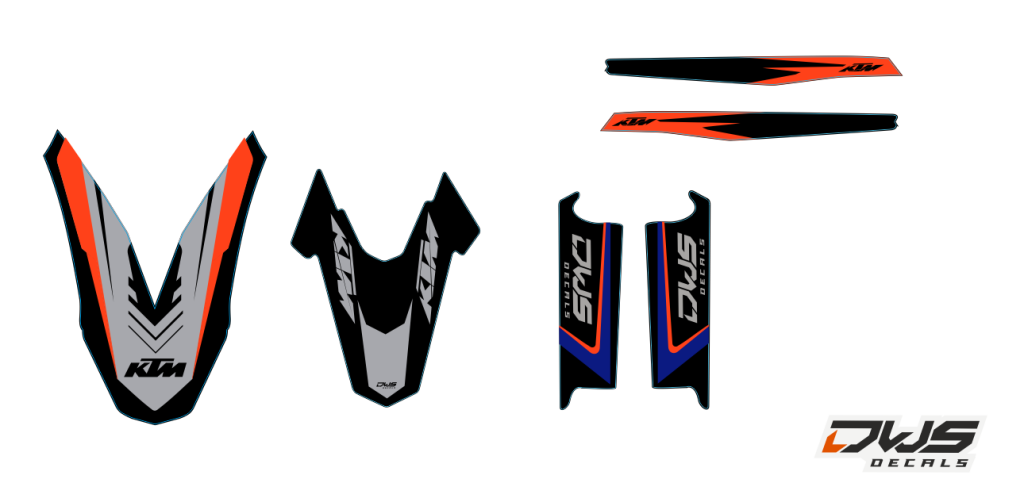 Trimset KTM 690 SMC 2008 2009 2010 2011

Trimset bestaande uit:
- Voorspatbord sticker (1 delig)
- Achterspatbord sticker (1 delig)
- Voorvorkbeschermer stickers (2 delig)

- Achterbrug stickers (2 delig) dws decals supermotor supermotar supermofoo