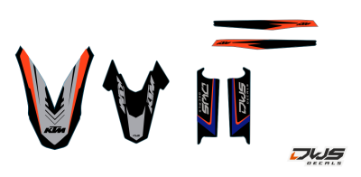 Trimset KTM 690 SMC 2008 2009 2010 2011

Trimset bestaande uit:
- Voorspatbord sticker (1 delig)
- Achterspatbord sticker (1 delig)
- Voorvorkbeschermer stickers (2 delig)

- Achterbrug stickers (2 delig) dws decals supermotor supermotar supermofoo