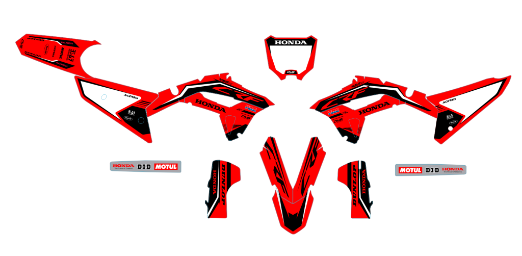 Honda CRF 250 2018 2019  CRF 450 2017/2019 Set model 16
 
Gehele stickerset bestaande uit
- Radiaset (6 delig)
- Nummerset (5 delig)
- Trimset (8 delig)

 

consisting off:
- Radiator kit decals (6 tiles)
- Number kitt (5 tiles)
- Trim kit(8 t