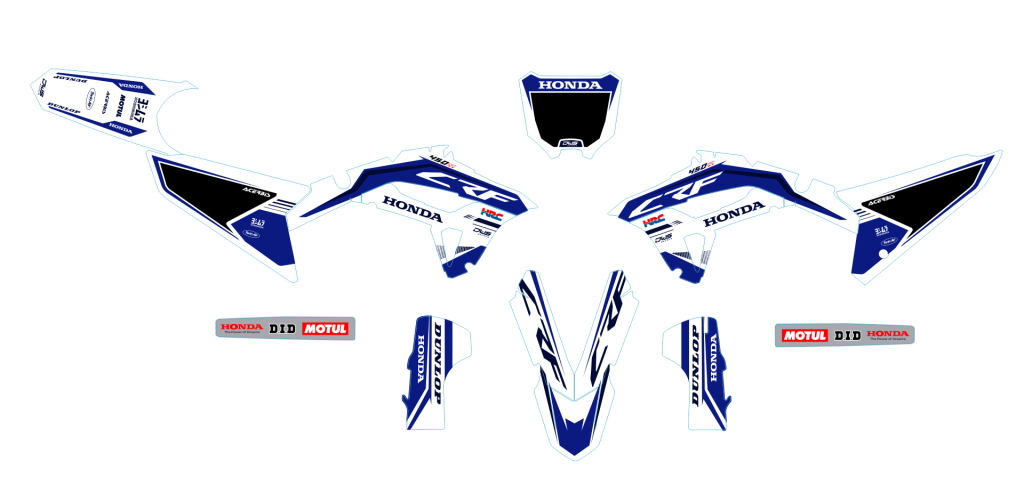 Honda CRF 450 2021 
 
Gehele stickerset bestaande uit
- Radiaset (6 delig)
- Nummerset (5 delig)
- Trimset (8 delig)

 

consisting off:
- Radiator kit decals (6 tiles)
- Number kitt (5 tiles)
- Trim kit(8 tiles) honda crf 450 2021 motocross g