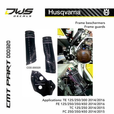 Husqvarna CMT carbonnen frame beschermers carbon frame protector guard carbon parts dws decals Applications: TE 125/250/300 2014 2015 2016 FE 125/250/350/450 2014 2015 2016 TC 125/250 2014 2015 FC 250/350/450 2014 2015 
