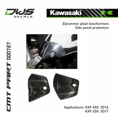kawasaki cmt carbonnen zijnummer plaat beschermers carbon side panel protection dws decals carbon parts Applications: KXF 450  2016 KXF 250  2017