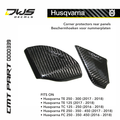 Carbon CMT husqvarna corner protectors rear panels carbonnen hoekbeschermers voor nummerplaten DWS decals mx Applications: TC 125 2015 2016 TC 250 2015 2016 FC 250 2015 2016 FC 350 2015 2016 FC 450 2015 2016 FC 350 2015 2016 TE 250 2017 TE 300 2017 FITS O