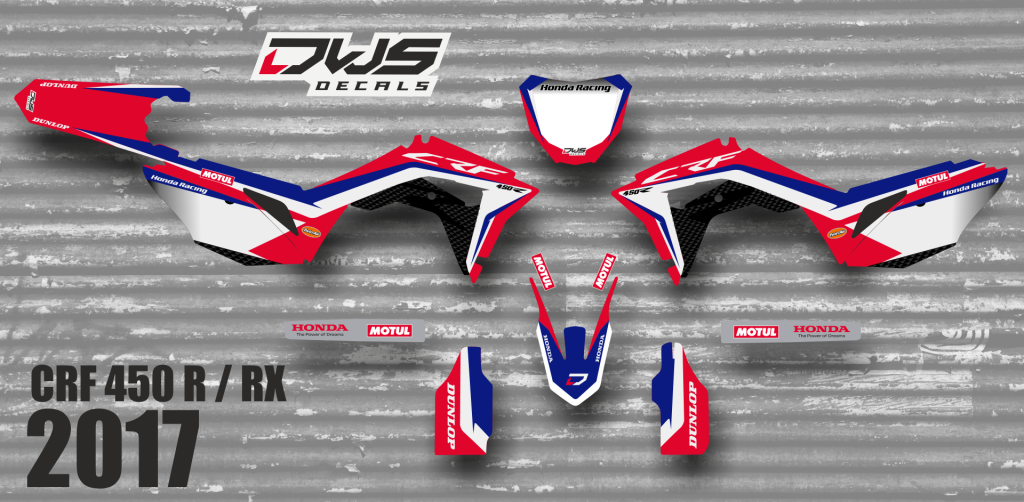 Complete Stickerset Honda CRf 450 R XR 2017 Decals dekor design graphics aufklebe stickerset nummerset dws mx model 1 Honda factory look 2017 graphic rear fender front fender forkprotectors radiator scoops numberplate
