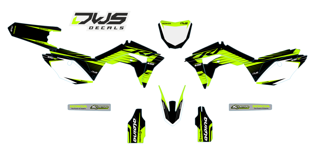 Complete stickerset Honda CRf 450 R XR 2017 Decals dekor design graphics aufklebe stickerset nummerset dws mx model 1 Honda factory look 2017 graphic rear fender front fender forkprotectors fluor yellow kabelgeschutzer kot flugel neon