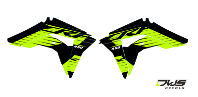 Radia set radi scoops Honda CRf 450 R XR 2017 Decals dekor decore design graphics aufklebe stickerset nummerset dws mx model 1 Honda factory look 2017 graphic rear fender front fender forkprotectors yellow neon yellow fluor fluo geel gelb kabelgeschutzer 