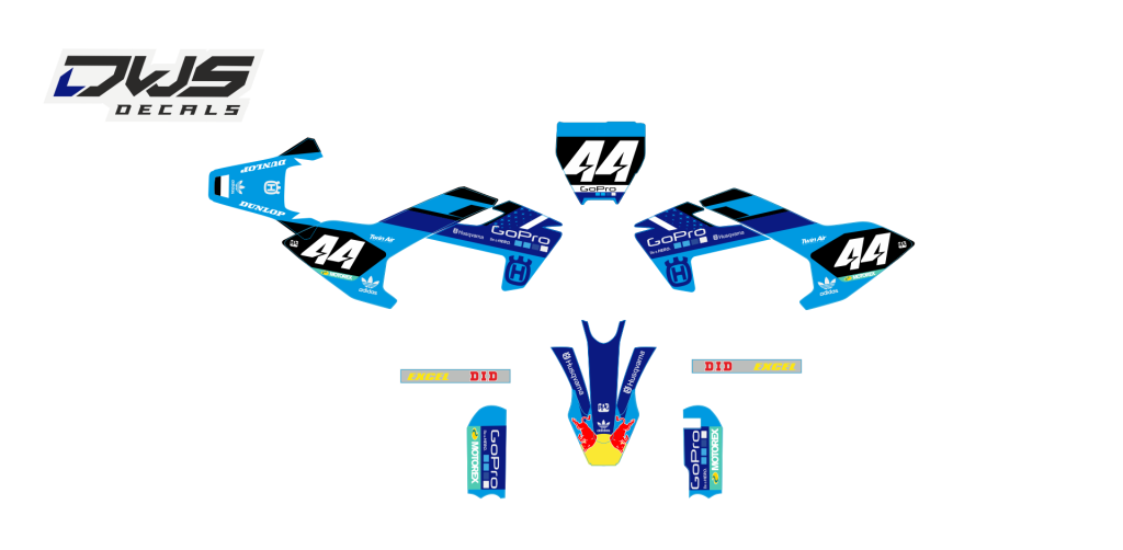 complete stickerset TC 50 husqvarna 2017 2018 dws decals graphics grahics aufklebe decore number decals nummerset blue kotflugel front fender rear fende fork protectors kabel geschutzer side panels new designs DWS decals