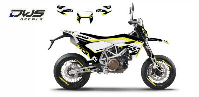 Complete stickerset decalset Decore Husqvarna Supermoto SM 701 2016 2017 2018 komplette Decore DWS decals MX graphics graphix aufklebe front fender rear fender side panels numbers fork protectors trimset nummerset radia radiatorscoops kotflugel gabelgesch